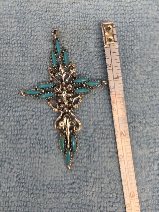 Large Auth Zuni Cross Pendant Chain Sterling Silver Turquoise Needlepoint - Picture 6 of 10